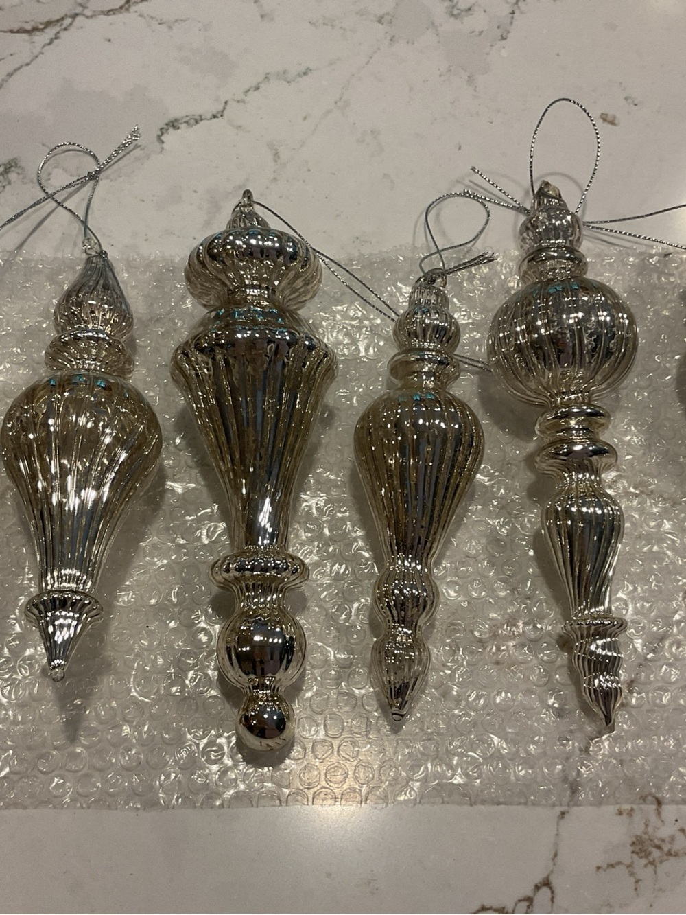 6 Silver Glass Finial Christmas Ornaments Glass Blown